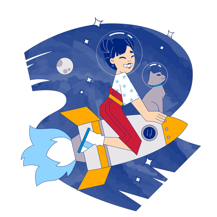 A girl riding a rocket with a cat - Neo-Sakura style illustration