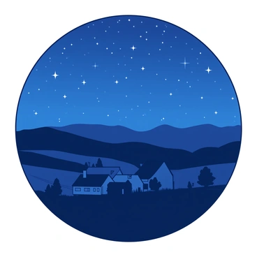 A duotone illustration features a tranquil night sky filled with numerous shimmering stars against a backdrop of a dark blue. Below the sky, there is a silhouette of a farmhouse in black, standing prominently in the foreground. The farmhouse has a classic structure with a gabled roof and a chimney, surrounded by patches of open fields and distant trees. The stillness of the countryside is evident, with gentle hills rolling into the background, creating a peaceful atmosphere.