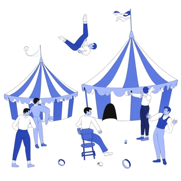 A group of acrobats is performing daring stunts under the big top of a circus arena. One acrobat is suspended high in the air, executing a breathtaking flip while grasping a trapeze bar. Below, another acrobat is balancing on one hand atop a stack of chairs, showcasing incredible strength and poise. Spectators are watching in awe, with their expressions filled with excitement and anticipation. Colorful circus banners hang from the ceiling, and the arena is filled with various props like hoops and juggling pins scattered on the ground.