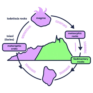 An educational chart illustrating the rock cycle is displayed. At the top, there is an image of "magma" with flowing lines depicting its movement. Below, "igneous rocks" are shown, labeled clearly, with arrows indicating their formation from magma. Next in the cycle, "metamorphic rocks" are illustrated, transitioning from the igneous rocks, with signs of heat and pressure. Further down, "sedimentary rocks" are represented, formed from the weathering and erosion of the other rocks. The chart also features arrows showing the continuous cycle, emphasizing the transformations between each rock type, alongside labels for clarity.