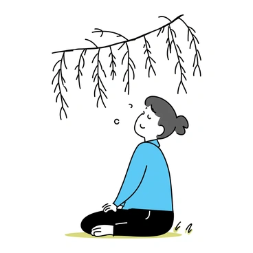 A person sitting on a grassy patch under a willow tree. The willow tree has long, drooping branches that extend downwards, softly swaying in the breeze. The person is wearing a light blue shirt and dark jeans, with their hands resting on their lap. Their gaze is directed upwards towards the branches, and there are small leaves fluttering around, suggesting a gentle interaction with the tree.