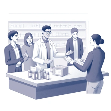 A pharmacist standing behind a busy pharmacy counter. The pharmacist is wearing a white lab coat and is smiling while handing over a prescription to a customer across the counter. The counter is filled with various medicine bottles and boxes, creating a dynamic scene. In the background, there are other customers waiting in line, with some engaged in conversation and others looking at the shelves filled with medications. The atmosphere is bustling with activity, reflecting a typical day at a pharmacy.