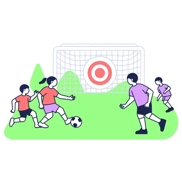 A group of children is playing soccer on a grassy field. There are four children, two wearing red shirts and two in blue shirts. They are actively dribbling a soccer ball towards a goal. The goal has a net with a large bullseye drawn in the center, creating a fun target for the children to aim at. In the background, there are a few trees and a clear sky. One child is about to kick the ball while another is positioned near the goal, ready to defend. The atmosphere is lively and filled with excitement.