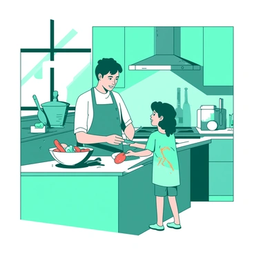 A teal kitchen filled with light and various cooking utensils. A parent, wearing an apron, is standing at the counter, demonstrating how to chop vegetables. The parent has a focused expression, while the child, standing beside them, is attentively watching and holding a small knife. A bowl filled with colorful chopped vegetables is placed on the counter between them. The child is smiling, engaging with the parent as they share tips face to face. The warm glow from the overhead light casts soft shadows around the kitchen, enhancing the cozy atmosphere.