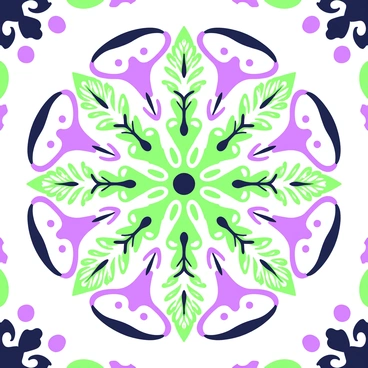 A close-up view of a kaleidoscope pattern featuring intricate fern illustrations. The ferns are arranged in a symmetrical design, creating a mesmerizing effect. Each fern has delicate fronds that radiate outward, overlapping slightly with adjacent ferns. The overall composition is circular, with the ferns arranged in layers to enhance the depth of the pattern. The background is filled with repeating motifs that complement the fern illustrations, enhancing the overall visual complexity.