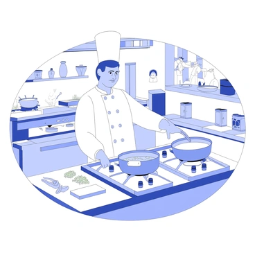 A chef is cooking a meal on a natural gas stove in a bustling kitchen. The chef is focused, wearing a white chef's jacket and a tall white hat, with a wooden spoon in hand. The stove has multiple burners lit, casting small flames underneath metal pots. Surrounding the chef, there are various ingredients laid out on a stainless steel countertop, including chopped vegetables, herbs, and a cutting board. In the background, other kitchen staff are busy preparing dishes, and there are shelves stocked with spices and kitchen tools, adding to the dynamic atmosphere of the kitchen.