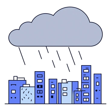 A large, dark cloud fills the sky above a city skyline. The cloud is thick and grey, suggesting an impending storm. Below, tall buildings can be seen, their windows glistening with rain. Rain is pouring down heavily, creating puddles on the streets. The atmosphere appears heavy and somber, conveying a sense of collective anguish.