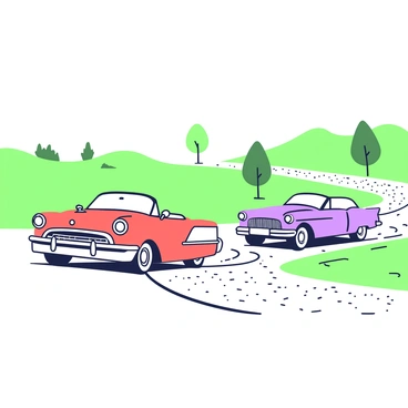 A thrilling car chase scene unfolds on a winding road. In the foreground, a classic 1950s red convertible speeds ahead, its chrome details glinting in the sunlight. Close behind, a sleek blue coupe follows closely, tires skidding as it navigates the sharp curves. Dust is kicked up from the gravel as both vehicles race side by side, creating a sense of urgency. The background reveals green hills rolling away, while a few scattered trees line the roadside. The sky above is clear, adding to the excitement of the chase.