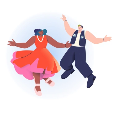 Two dancers are captured mid-leap in the air, showcasing their graceful movements. One dancer has dark skin and is wearing a flowing, bright red dress that billows around her. The other dancer has light skin and is dressed in a sleek, black outfit with silver accents. Their arms are outstretched, and their expressions show clear joy and exhilaration. The background features a soft gradient transitioning from light blue at the top to light pink at the bottom, enhancing the feeling of freedom in their performance. Both dancers appear to be in perfect harmony with one another as they soar through the air.