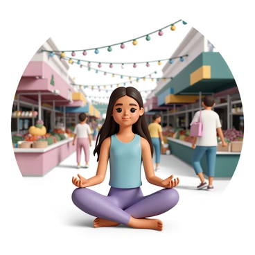 A young girl, depicted in a cartoon style, is sitting cross-legged with her hands resting on her knees in a meditative pose. She has long flowing hair, wearing a light blue tank top and purple leggings. The background features a vibrant street market filled with colorful stalls selling fruits, vegetables, and handmade crafts. Bright strings of lights hang above the market, and people are seen walking around, some stopping to browse. The atmosphere is lively with a variety of colors and textures surrounding the scene.