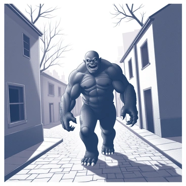 A large, hulking monster is walking through a deserted cobblestone street. The monster has a bulging physique with sharp claws and prominent fangs. Shadows cast by the faint light of a dying sun create an eerie atmosphere. The cobblestones are uneven and worn, reflecting signs of age and disuse. Nearby, old buildings with broken windows stand in silence, their forms silhouetted against the dusk sky. The street is flanked by twisted, leafless trees that add to the haunting scene. The air appears thick and heavy, hinting at an unsettling calm before the night falls.