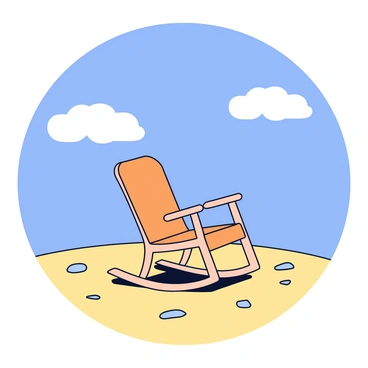 A solitary rocking chair made of light brown wood. The chair is positioned on a sandy desert landscape with scattered small rocks. The vast blue sky above is clear and bright, with a few fluffy white clouds drifting. The sun is shining brightly, casting subtle shadows of the chair on the ground.