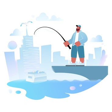 An urban fisherman is standing on a bridge, casting a fishing line into the water below. He is wearing a casual outfit, including a light jacket and a baseball cap. In the background, tall city skyscrapers rise against the sky, showcasing a variety of architectural designs. The water beneath the bridge reflects the colors of the surrounding buildings and the sky. A small tackle box rests on the edge of the bridge, and a few seagulls can be seen flying overhead.