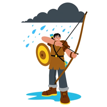 An archer balancing a bow and shield under a stormy sky