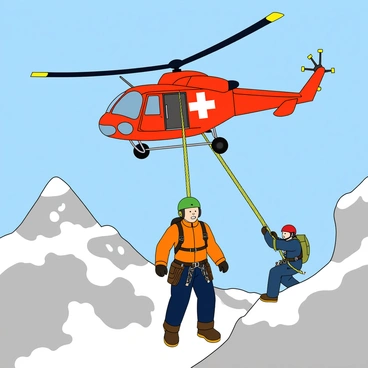 A mountain climber with a helmet and bright orange jacket is being airlifted by a rescue team. The climber has a worried expression and is suspended in the air with a safety harness attached to a thick, yellow rope. Above, a rescue helicopter hovers, its blades spinning rapidly, creating a blur. The helicopter is painted in vibrant red with a large white cross on its side. In the background, rocky mountain peaks and patches of snow are visible under a clear blue sky. The scene conveys urgency as the rescue teams work swiftly to ensure the climber's safety.