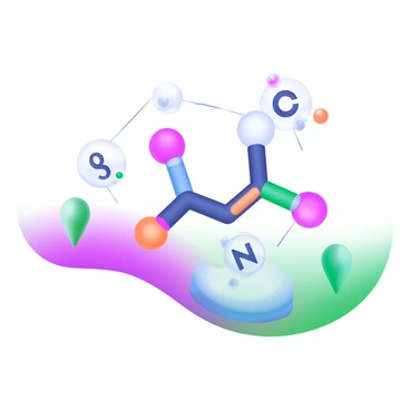 A modern pastel illustration featuring a vibrant diagram of a medicine molecule at the center, depicted in a combination of bright colors. Surrounding the molecule are various chemical symbols, including a carbon atom represented as a filled black circle, an oxygen atom as a red circle, and a nitrogen atom as a blue circle. These symbols are interconnected by lines, indicating their relationships, and the background is a soft gradient of pastel colors, enhancing the visual appeal of the diagram.