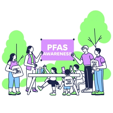 A community gathering is taking place in a park. In the background, there is a large banner that reads "PFAS Awareness" prominently displayed between two trees. In the foreground, a diverse group of people is engaged in discussions. A woman with long hair is holding a pamphlet, while a man in glasses is pointing towards the banner. Nearby, a group of children is playing, with one child holding a sign that says "Protect Our Water." On a table, there are informational brochures and a pitcher of water. The atmosphere is lively as people share their thoughts on the important issue.