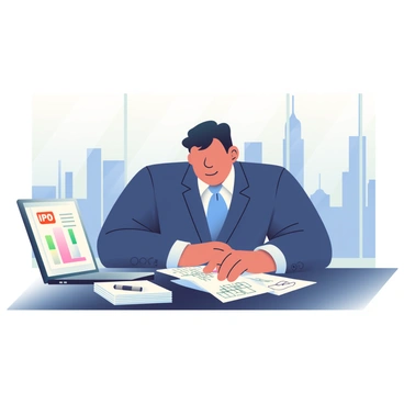 A startup CEO with short black hair and wearing a tailored navy blue suit is sitting at a sleek, modern desk. The CEO has a pensive expression as they gaze at a stack of IPO papers in front of them. The desk is made of dark wood and has a few scattered items, including a silver pen and a notepad with scribbles. There is a laptop open to the side, displaying graphs and charts. In the background, a large window reveals a city skyline bathed in soft afternoon light, casting gentle shadows across the room.