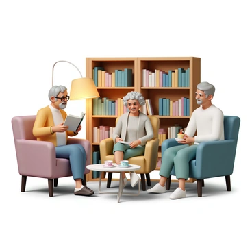 A group of four elderly friends is seated in a cozy library surrounded by wooden bookshelves filled with colorful books. One man, with gray hair and glasses, is holding a book and sharing a story while the others listen attentively. A woman with short white hair is smiling, wearing a knitted sweater and a scarf. Another lady, with curly gray hair, is sitting cross-legged on a plush armchair, taking notes. The fourth friend, an older gentleman with a neatly trimmed beard, is sitting with a cup of tea in hand, nodding in agreement. Warm light from a nearby lamp creates a welcoming atmosphere, and a small coffee table in front of them holds some snacks and drinks.