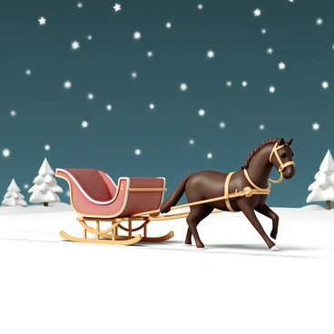 A horse-drawn sleigh, painted in deep red with intricate gold trim, is gliding smoothly over a blanket of fresh, white snow. The horse, a majestic chestnut with a thick mane, is pulling the sleigh with grace. Fluffy snowflakes are gently falling from the night sky, sparkling as they catch the light. Above, the night sky is filled with bright stars, illuminating the scene with a soft glow. Snow-covered trees line the path, their branches heavy with snow. The sleigh is empty, leaving a trail of tracks in the snow behind it.