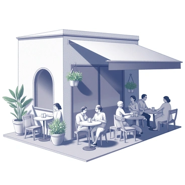 A small outdoor café with a rustic design. It features several cozy wooden tables and chairs, each occupied by patrons. Some customers are sitting and sipping "espresso" from small white cups, while others are engaged in conversation. Lush green plants and hanging flower baskets adorn the space, adding to the welcoming atmosphere. The café has an awning that provides shade, and the scene captures the essence of a lively Italian day.