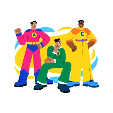 Three superheroes are depicted in dynamic poses, each wearing distinctive costumes adorned with emblems featuring the letters "A," "B," and "C." The superhero with the "A" emblem has a sleek red and blue suit, highlighting muscular contours, and is striking a powerful fist-forward pose. The hero with the "B" emblem wears a vibrant green costume with a metallic sheen, crouched low as if preparing to leap into action. Finally, the superhero bearing the "C" emblem is dressed in a bright yellow outfit with flowing edges, standing confidently with arms crossed. Each character showcases their unique emblem prominently on their chests, bringing visual emphasis to their individual identities. The background is energetic and filled with abstract shapes, enhancing the sense of action and movement.