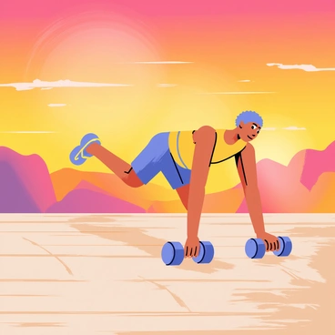 An athlete performing renegade rows on a wooden deck. The athlete is in a plank position, balancing on two dumbbells, with their arms extended as they pull the weights towards their body. The wooden deck has a natural texture, with visible grain patterns. In the background, a vibrant sunrise fills the sky with shades of orange, pink, and yellow, casting a warm glow on the scene. Silhouettes of distant mountains can be seen against the colorful sky. The atmosphere conveys an early morning workout, with soft light illuminating the athlete's determined expression.
