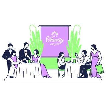 A charity auction event is taking place in an elegantly decorated hall. Guests are seated at round tables covered with white tablecloths. Each table has a small green centerpiece, and guests are dressed in formal attire. Some men are wearing tuxedos, while women are in long evening gowns of various styles. A stage is set at the front of the room, adorned with tall green plants. Behind the stage, there is a large banner displaying the auction logo in a delicate font. Soft lighting creates a warm atmosphere, illuminating the guests as they engage in conversation and look towards the stage in anticipation.