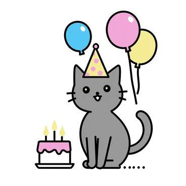 A cat with grey fur sitting on a white surface, wearing a colorful party hat adorned with polka dots. The cat has bright green eyes and a playful expression. Surrounding the cat are several balloons in different colors, including red, blue, and yellow, floating gently above. In front of the cat, there is a small round cake with pink icing and several lit candles on top, casting a warm glow.
