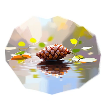 A pine cone resting gently on the surface of a calm pond. The water is perfectly still, creating a clear reflection of the pine cone that mirrors its shape and texture. The surrounding environment includes soft ripples radiating from the point of contact, and the surface of the water is adorned with hints of green foliage from nearby plants, enhancing the tranquility of the scene. Light filters through the trees overhead, adding delicate highlights to the pine cone and the water.