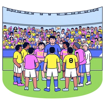 A group of players gathered in a huddle on the sidelines of a packed stadium. One player, Icardi, stands at the center, wearing a team jersey with bold colors and a number on his back. The other players are closely surrounding him, listening intently. The stadium is filled with excited fans, some waving flags and others holding up banners. Bright stadium lights illuminate the scene, creating a vibrant atmosphere. The grass on the field is green and well-maintained, contrasting with the colorful uniforms of the players.