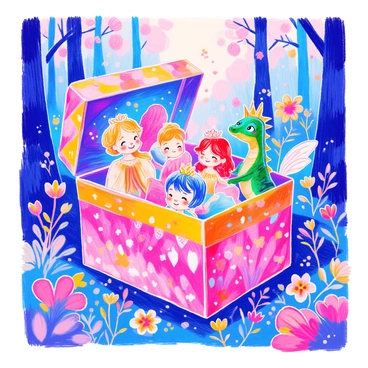 A colorful gift box is open, revealing a variety of fairy tale characters peeking out from within. The box is adorned with bright wrapping paper decorated with whimsical patterns. Among the characters, a tiny princess with a sparkling tiara and a friendly dragon with green scales can be seen. A charming prince with a golden crown and a fairy with delicate wings are also emerging. The background features a magical forest filled with tall trees and blooming flowers, adding to the enchanting atmosphere.