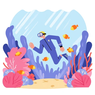 An adventurous diver in a blue wetsuit is swimming through a vibrant coral reef. The coral is mainly pink and purple, while various shapes of coral formations surround the diver. Numerous exotic fish, including orange clownfish and yellow tangs, are swimming around, adding splashes of color to the underwater scene. Sunlight filters through the water above, creating shimmering patterns on the sandy ocean floor below. The diver is wearing a clear mask and fins, reaching out to touch a piece of coral gently.