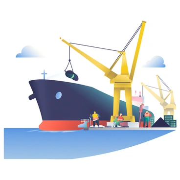 A large cargo ship is docked at a busy port, with its dark hull contrasting against the bright blue water. A massive crane, painted in yellow, is positioned above the ship, lowering a thick black cable with a heavy coal container attached. Several workers in bright orange safety vests are bustling around the dock, some operating equipment while others direct the crane's movements. In the background, additional cranes are seen loading more coal from nearby piles, and various cargo containers are stacked on the dock. The sky is clear with a few fluffy clouds, adding to the dynamic scene of activity.