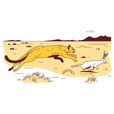 A yellow cheetah with sleek fur is sprinting across a vast open savannah, its body low to the ground in a playful chase. In front of the cheetah, a white hare with long ears is leaping gracefully over tufts of grass. The scene captures the dynamic motion of both animals, as the cheetah stretches its legs, showcasing its speed, while the hare darts with agility, creating a sense of excitement. The savannah is dotted with patches of grass and a few sparse trees in the distance, under a clear sky.