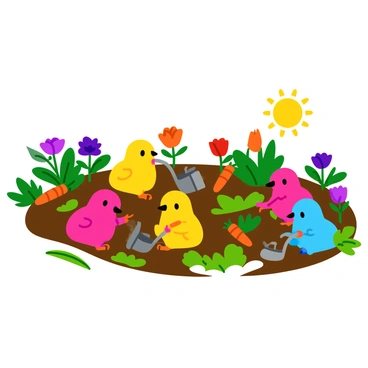 Peeps planting flowers and vegetables in a vibrant garden