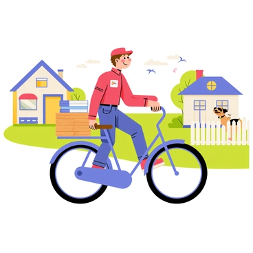 A cheerful postman with short brown hair and a bright red uniform is riding a blue bicycle. The postman has a big smile on his face as he balances a stack of letters and small packages in the front basket. The background features a quaint neighborhood with colorful houses, green lawns, and blooming flowers. A few birds can be seen flying in the sky, and a curious dog is watching from a white picket fence as the postman rides by.