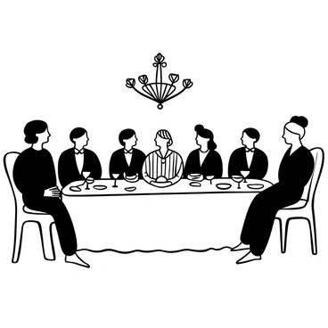A person wearing pajamas is seated at a long, elegantly set dining table. Surrounding them are several formally dressed guests in suits and dresses, casting disapproving glances. The table is adorned with fine china, crystal glasses, and polished silverware. A large chandelier hangs above, illuminating the scene. In the background, a luxurious dining room creates a stark contrast with the person’s casual attire. The atmosphere is tense, highlighting the disparity between the relaxed pajamas and the formal environment.