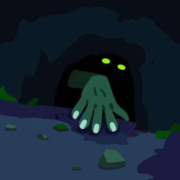A decaying zombie hand emerges from the rocky surface of a dark cave, partially covered in dirt and moss. The fingers are elongated and bony, with ragged nails, reaching outward. Above the hand, two glowing green eyes peer out from the shadows, their intensity contrasting with the darkness surrounding them. The cave walls are rough and textured, with patches of dampness and small stones scattered throughout. A faint, eerie light illuminates the scene, highlighting the details of the zombie hand and the ominous gaze of the eyes.