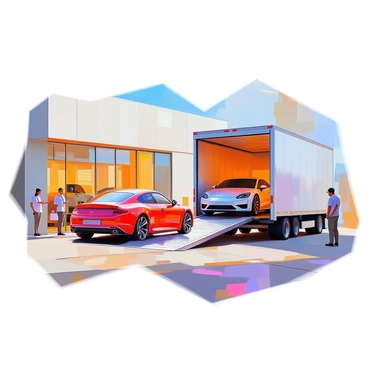A large transport truck is positioned outside a sleek, modern auto showroom, with several shiny new cars being unloaded. The truck's rear ramp is lowered, allowing a red sports car, a silver sedan, and a blue SUV to be driven off. The showroom features expansive glass windows that reflect the sunlight, showcasing more vehicles inside. The scene includes a few staff members in uniforms observing the unloading process, while a couple of customers stand nearby, admiring the new arrivals. The pavement is clean and well-maintained, complementing the contemporary architecture of the showroom.