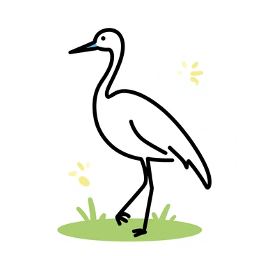 A white crane standing on one leg in a green field. The ground is covered with morning dew, which glistens under the bright sunlight. The crane has a long neck and is looking around. The sunlight casts soft reflections on the dewy grass, creating a shimmering effect around the bird.