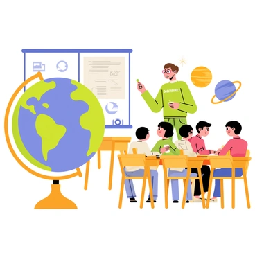 A teacher with short brown hair is standing beside a large, colorful globe. The globe is mounted on a wooden base and features clear markings of continents and oceans. The teacher is wearing glasses and a green sweater, pointing toward the globe with one hand while holding a piece of chalk in the other. Several students are seated at wooden desks, attentively looking at the globe. Some of the students have notebooks open in front of them, ready to take notes. The classroom is brightly decorated with posters of planets and the solar system on the walls.
