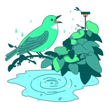 A teal nightingale is perched on a delicate branch, singing with its beak open. Raindrops are gently falling around the bird, creating concentric ripples in small puddles on the ground below. Surrounding the branch are lush green leaves, glistening with moisture. The overall atmosphere is tranquil, with a soft orange glow illuminating the scene from a distant streetlight. The bird's feathers are vivid against the backdrop of the rain-soaked environment.