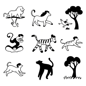 A series of sketches depicting various animals in motion at a zoo. A lion is captured mid-roar, its body arched as it pounces forward. In another sketch, a zebra gallops, its legs extended, creating a sense of speed. A playful monkey swings from a tree branch, its tail curling around the branch for balance. Nearby, a cheetah dashes across the page, muscles taut and poised for a sprint. A flock of birds takes flight from a nearby tree, their wings spread wide as they ascend into the air. Each animal illustrates dynamic movement, showcasing the energy of life in the zoo.