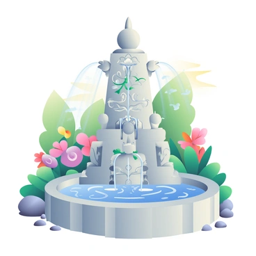 A beautiful stone fountain with intricate carvings is the centerpiece of the scene. The fountain is made of light gray stone, featuring detailed reliefs of flowers and vines that wrap around its structure. Water flows gracefully from multiple spouts at the top, creating a delicate cascade that tumbles down into a shallow basin below. Surrounding the fountain are lush green plants and vibrant flowers in various colors, adding a lively contrast to the stone. Small pebbles line the bottom of the basin, glistening as water splashes and ripples softly. Sunlight filters through the nearby trees, casting gentle shadows across the fountain and enhancing its ornate features.