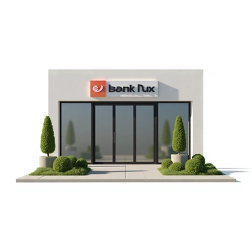 The exterior of a modern bank branch features large, transparent glass doors that invite customers inside. The building has a sleek, contemporary design with smooth lines and a neutral color palette. A prominent, welcoming sign is positioned above the entrance, displaying the bank's name in bold lettering. Surrounding the entrance, there are landscaped areas with green shrubs and small trees, enhancing the welcoming atmosphere. The sunlight reflects off the glass surfaces, creating a bright and inviting appearance.