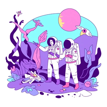 A group of astronauts in sleek, reflective space suits is standing on the surface of a vibrant alien planet. The sky is filled with two moons, one glowing a bright color and the other a softer hue. Surrounding the astronauts are large, unusual plants with twisted stems and oversized leaves that display shades of color. Among these plants, peculiar creatures can be seen, some hovering in the air and others scurrying across the terrain. The astronauts are pointing and taking notes, showing expressions of wonder and excitement as they explore this strange new world.