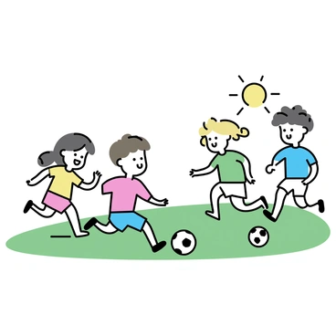 A group of four children, two boys and two girls, are playing a friendly soccer match on a green field. One boy with short brown hair is wearing a red jersey and blue shorts as he kicks a black and white soccer ball towards the goal. The second boy, with curly blond hair, is wearing a blue jersey and white shorts, attempting to block the ball. One girl, with pigtails, is wearing a yellow jersey and is running towards the ball, while the other girl, with long dark hair, is wearing a green jersey and cheering from the sidelines. The sun shines brightly in a clear blue sky above them, highlighting the lively scene.