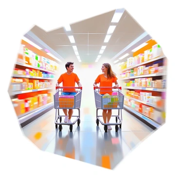 Two people, one with short brown hair and wearing a red t-shirt, and the other with long blonde hair in a ponytail, are racing shopping carts down an empty supermarket aisle. The aisle has bright overhead lights illuminating the shelves stocked with various grocery items, including boxes of cereal and canned goods. The shoppers are laughing with excitement as they push their carts, with one cart slightly ahead of the other. The polished floor reflects the bright lights above, creating a lively atmosphere despite the quiet surroundings.
