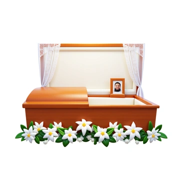 An open casket with a polished wooden finish, displaying a soft white satin interior. The casket is elegantly surrounded by a bouquet of white lilies and roses. Soft natural light filters in, illuminating the scene gently. Delicate lace drapes are positioned around the casket, creating an atmosphere of calm. A small framed photograph of the deceased is placed on the casket, capturing a warm smile.